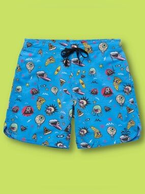 Seaesta Surf x The Aquabats Boardshorts Men 34 Super Cyan Blue Swim Trunks 7”